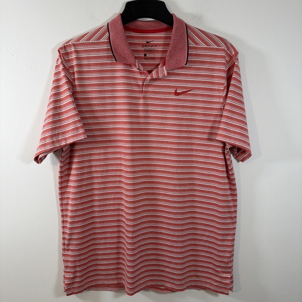 Nike‎ Dri Fit Polo Shirt Size Large Pink White Stripe Standard Fit Golf Tennis